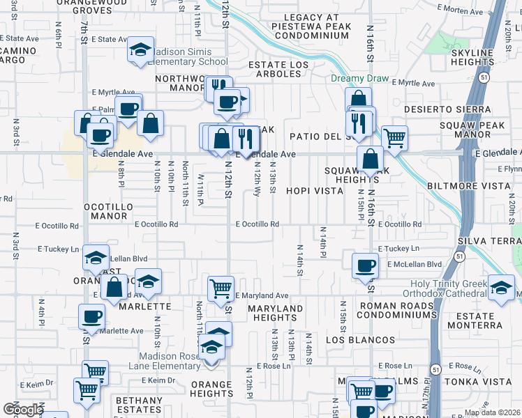 map of restaurants, bars, coffee shops, grocery stores, and more near 6721 North 12th Way in Phoenix