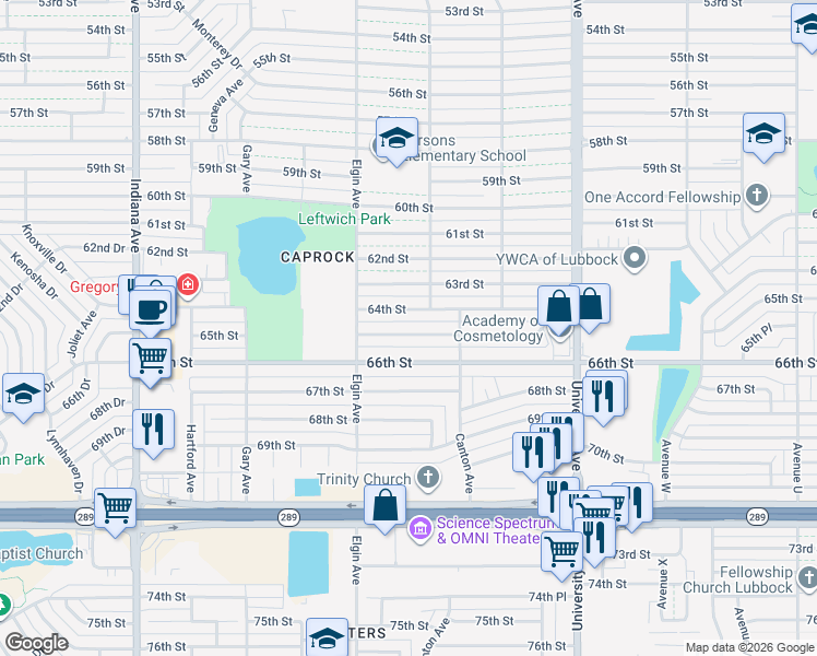 map of restaurants, bars, coffee shops, grocery stores, and more near 2820 65th Street in Lubbock