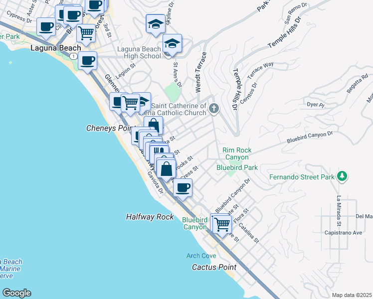 map of restaurants, bars, coffee shops, grocery stores, and more near 511 Oak Street in Laguna Beach