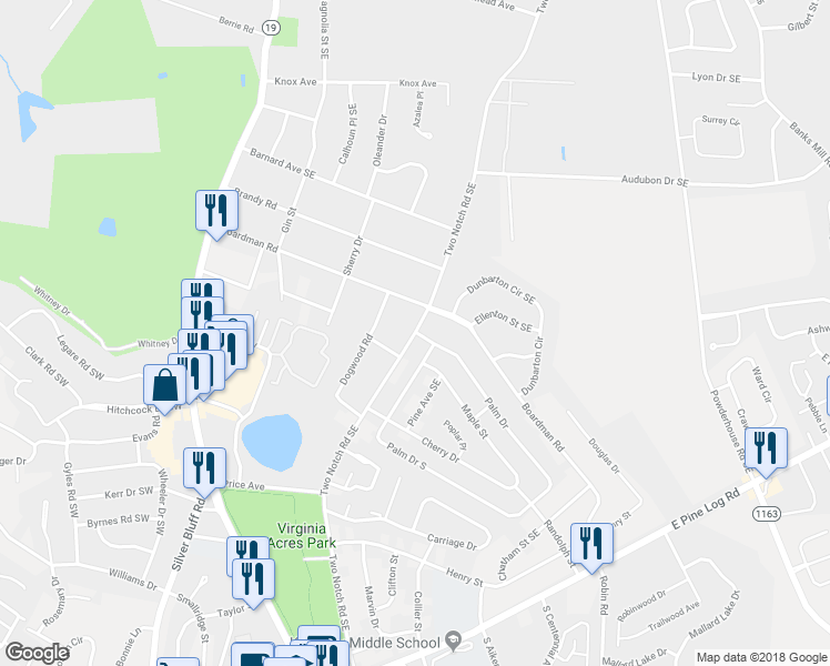 map of restaurants, bars, coffee shops, grocery stores, and more near 405 Palm Drive in Aiken