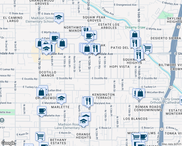 map of restaurants, bars, coffee shops, grocery stores, and more near 6721 North 12th Street in Phoenix