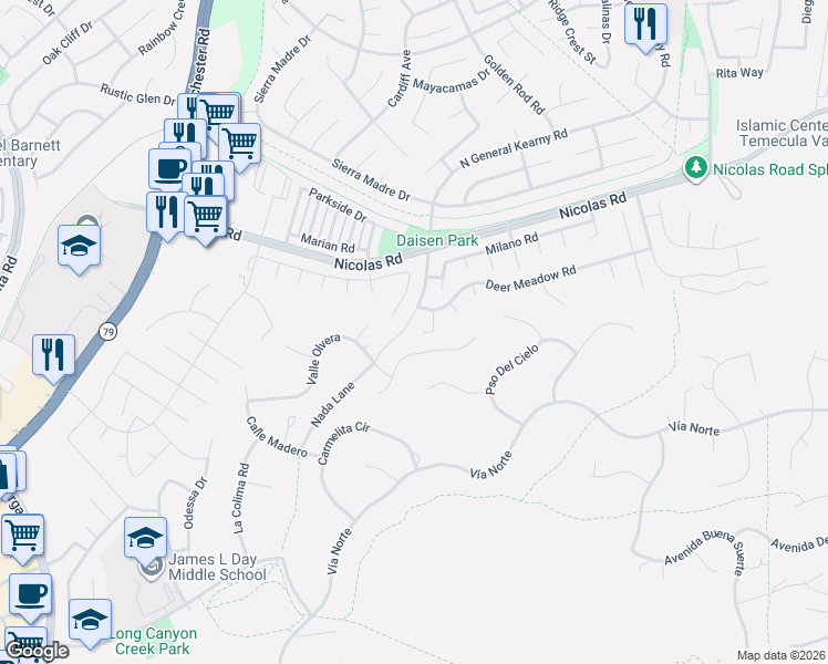 map of restaurants, bars, coffee shops, grocery stores, and more near 40299 Atmore Court in Temecula