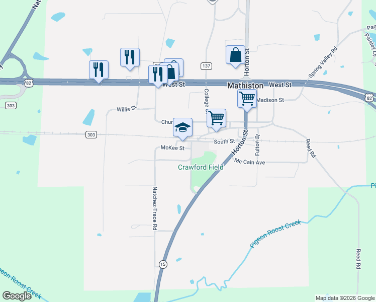 map of restaurants, bars, coffee shops, grocery stores, and more near 1st Avenue in Mathiston