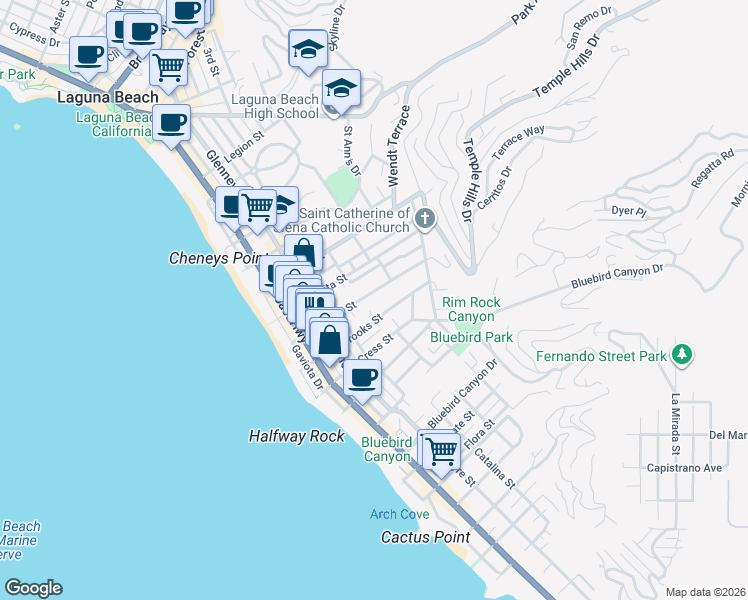 map of restaurants, bars, coffee shops, grocery stores, and more near 513 Oak Street in Laguna Beach