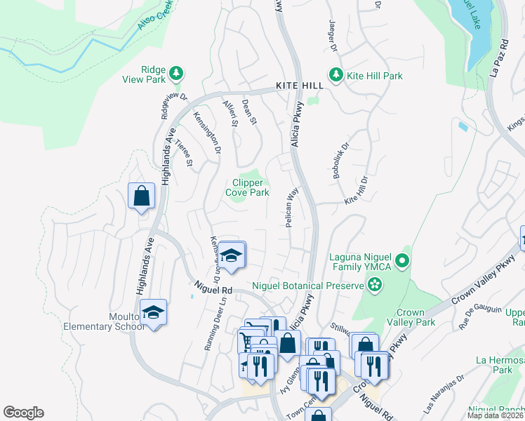 map of restaurants, bars, coffee shops, grocery stores, and more near 29441 Clipper Way in Laguna Niguel