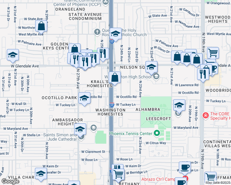 map of restaurants, bars, coffee shops, grocery stores, and more near 6711 North Black Canyon Highway in Phoenix