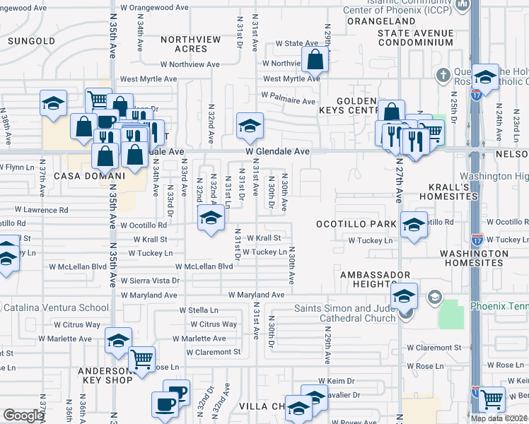 map of restaurants, bars, coffee shops, grocery stores, and more near 3024 West Ocotillo Road in Phoenix