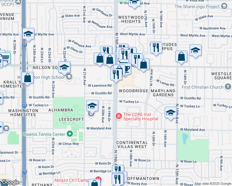 map of restaurants, bars, coffee shops, grocery stores, and more near N 19th Ave & W Ocotillo Rd in Phoenix