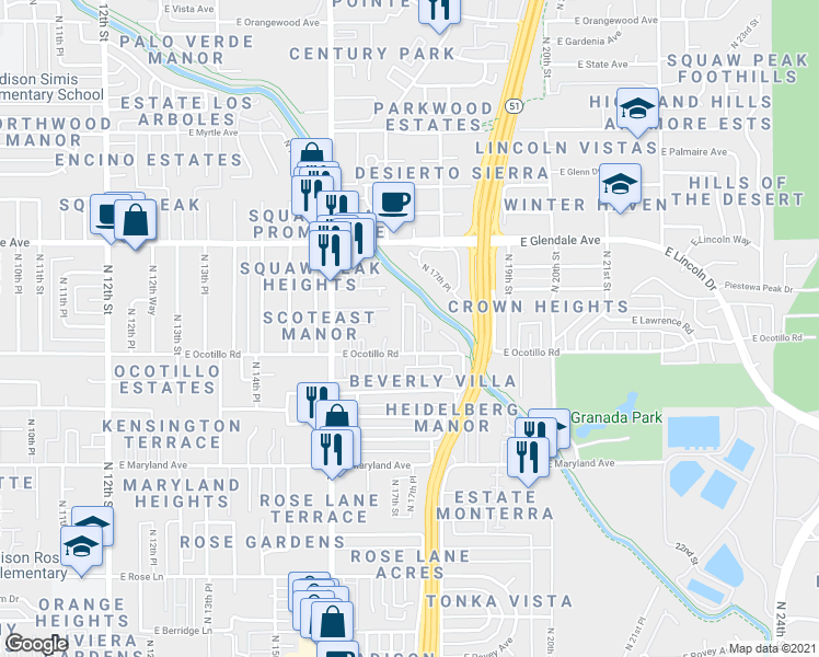 map of restaurants, bars, coffee shops, grocery stores, and more near 6701 North Ocotilla Drive in Phoenix