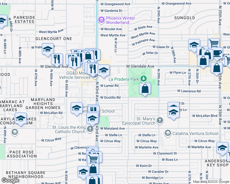map of restaurants, bars, coffee shops, grocery stores, and more near 6713 North 42nd Avenue in Phoenix