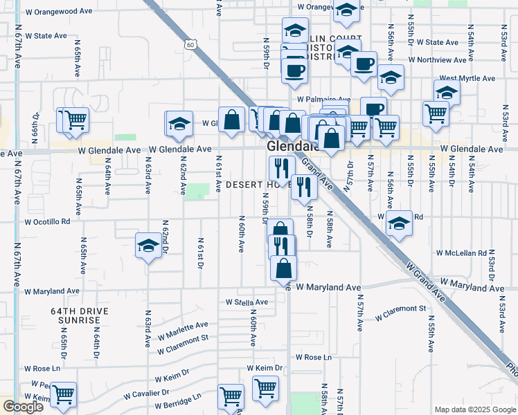 map of restaurants, bars, coffee shops, grocery stores, and more near 6714 North 59th Drive in Glendale