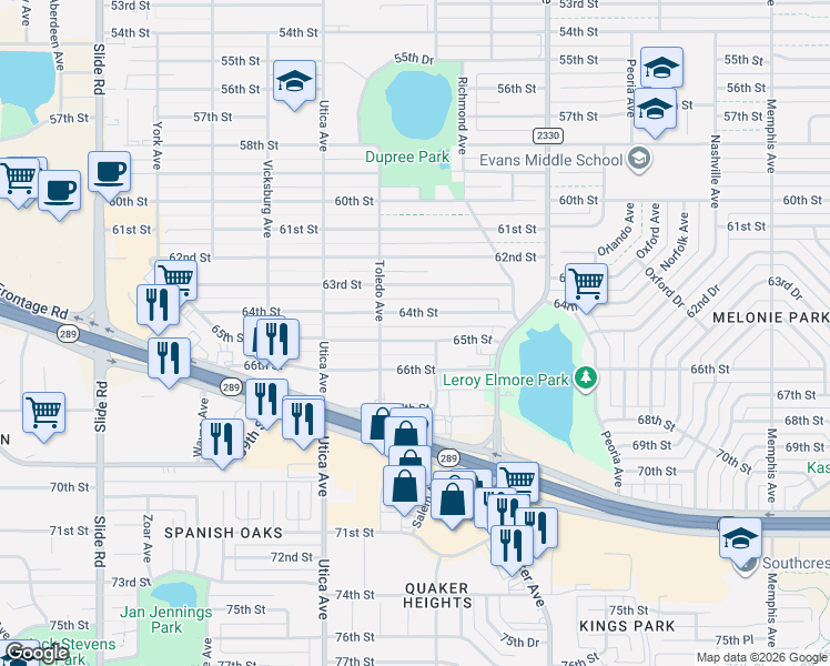 map of restaurants, bars, coffee shops, grocery stores, and more near 4606 65th Street in Lubbock