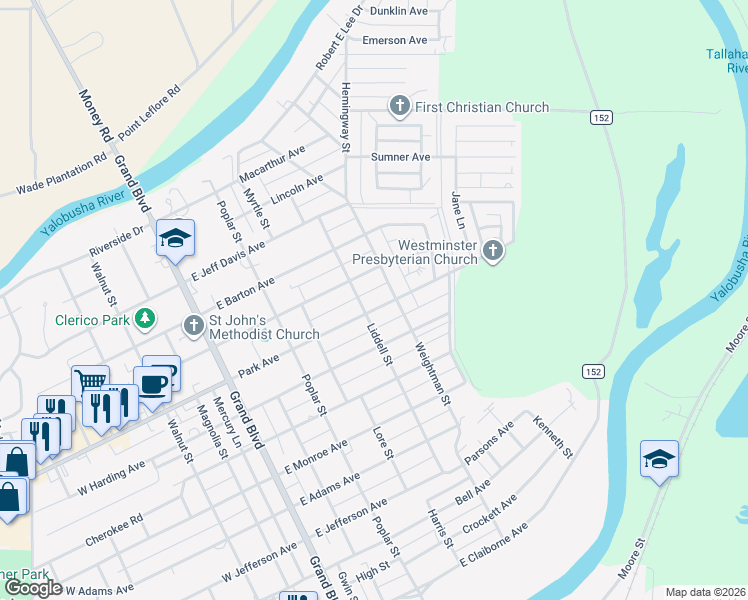map of restaurants, bars, coffee shops, grocery stores, and more near 507 East Park Avenue in Greenwood