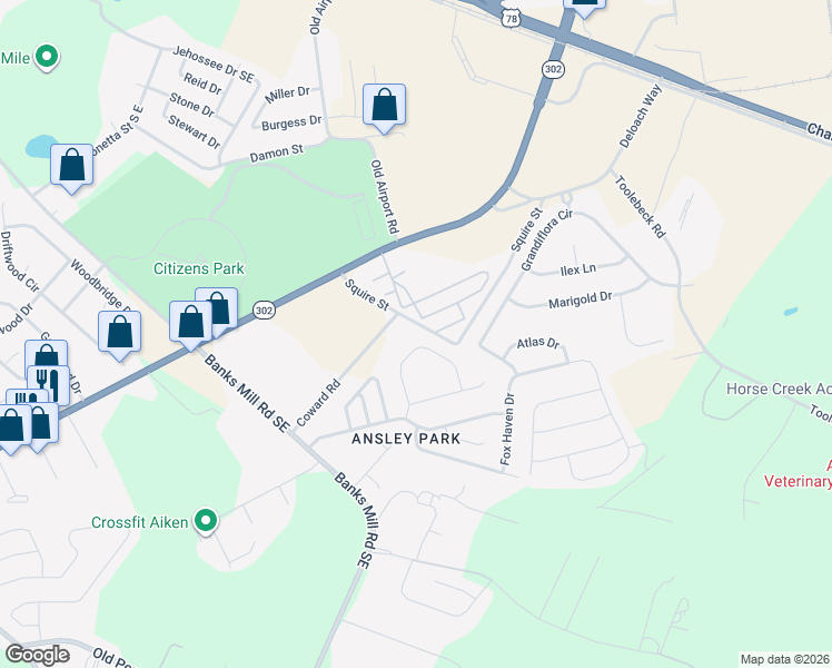 map of restaurants, bars, coffee shops, grocery stores, and more near 144 Squire Street in Aiken