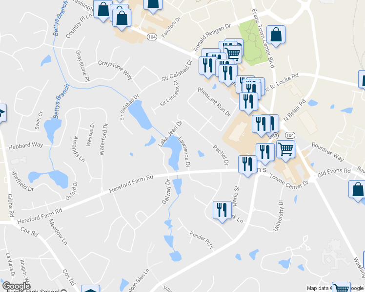 map of restaurants, bars, coffee shops, grocery stores, and more near 466 Lawrence Drive in Evans