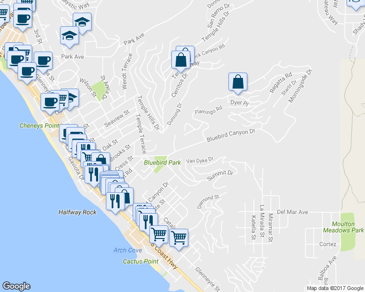 map of restaurants, bars, coffee shops, grocery stores, and more near 848 Bluebird Canyon Drive in Laguna Beach