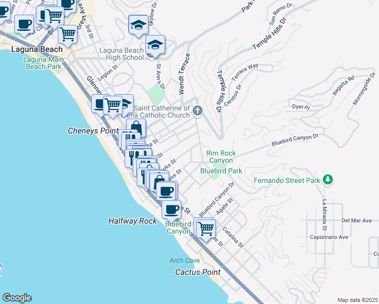 map of restaurants, bars, coffee shops, grocery stores, and more near 1215 Brangwyn Way in Laguna Beach