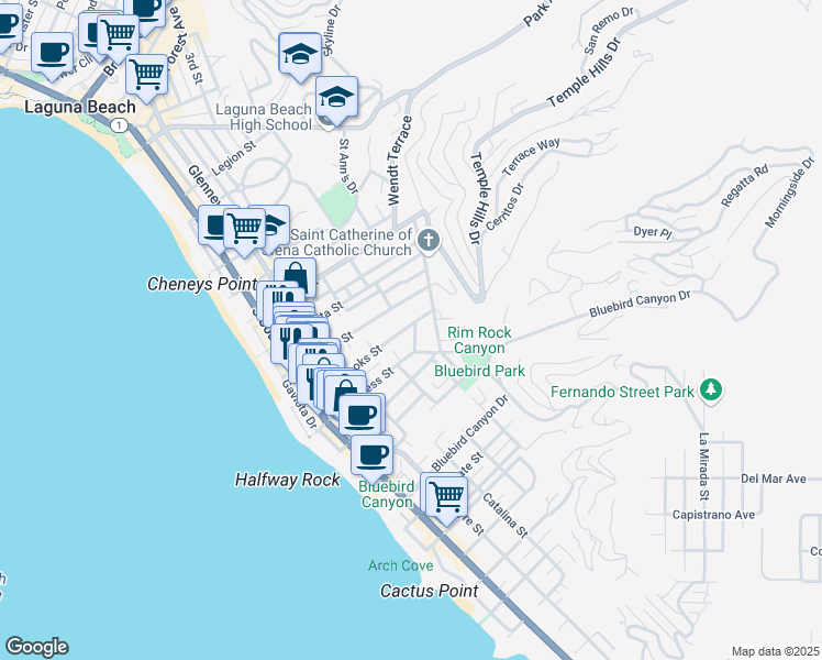 map of restaurants, bars, coffee shops, grocery stores, and more near 1215 Brangwyn Way in Laguna Beach