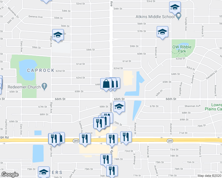 map of restaurants, bars, coffee shops, grocery stores, and more near University Avenue in Lubbock