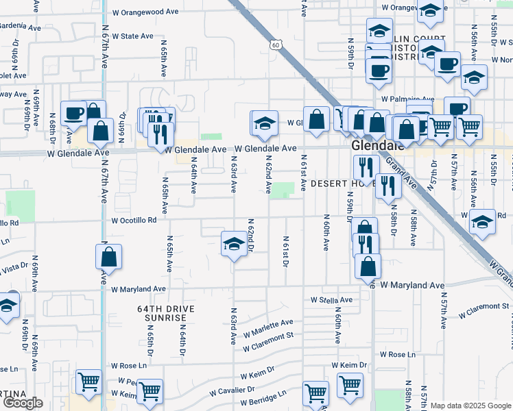 map of restaurants, bars, coffee shops, grocery stores, and more near 6220 West Ocotillo Road in Glendale