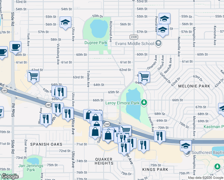 map of restaurants, bars, coffee shops, grocery stores, and more near 4516 65th Street in Lubbock