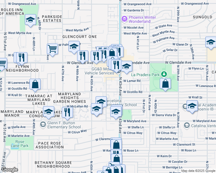 map of restaurants, bars, coffee shops, grocery stores, and more near 6719 North 44th Avenue in Glendale