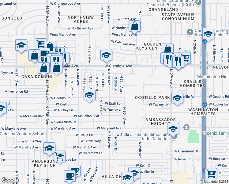 map of restaurants, bars, coffee shops, grocery stores, and more near 3024 West Ocotillo Road in Phoenix