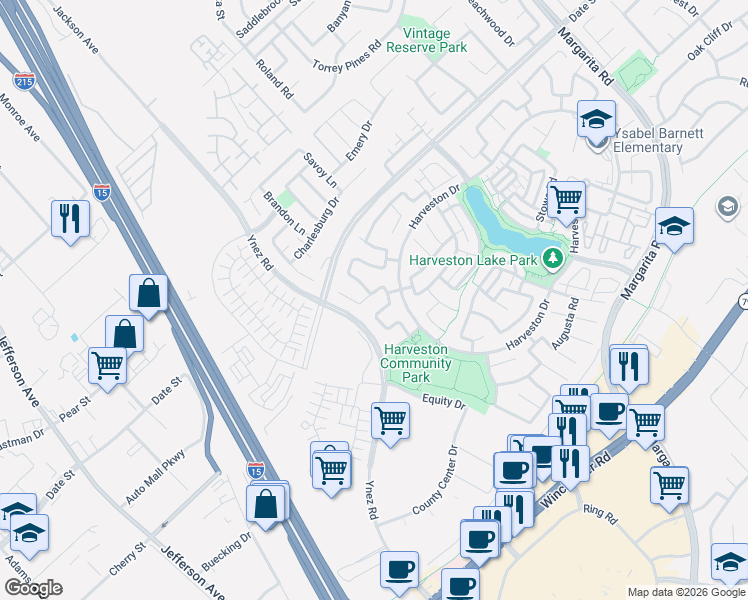 map of restaurants, bars, coffee shops, grocery stores, and more near 28488 Plymouth Way in Temecula