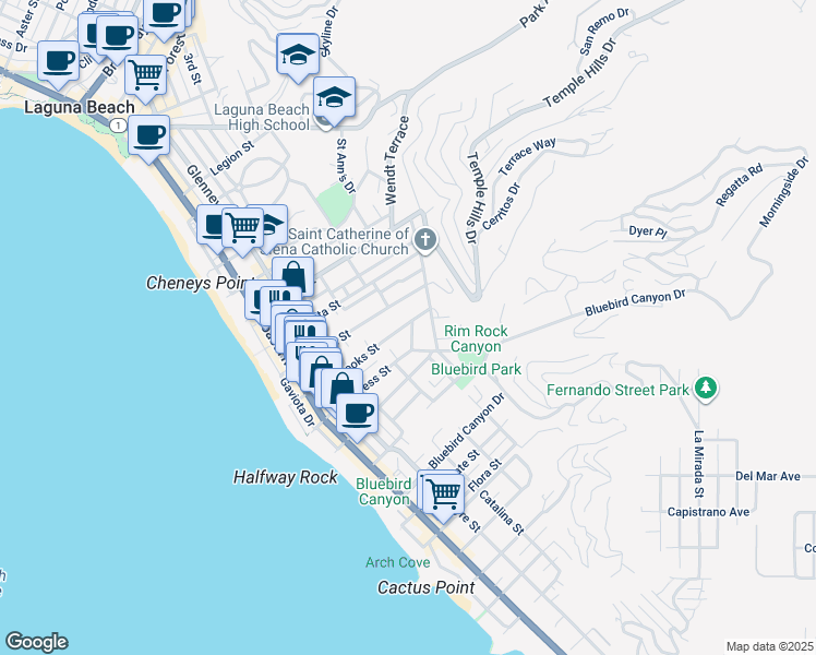 map of restaurants, bars, coffee shops, grocery stores, and more near 1215 Brangwyn Way in Laguna Beach