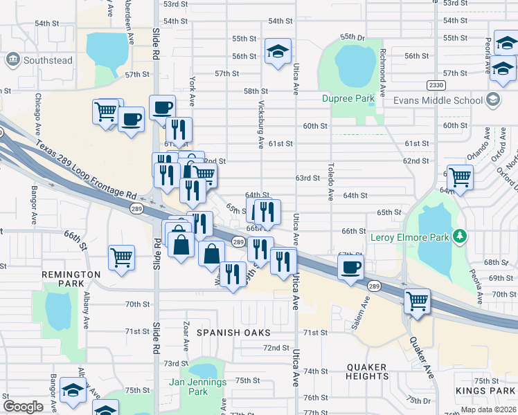 map of restaurants, bars, coffee shops, grocery stores, and more near 4902 65th St in Lubbock