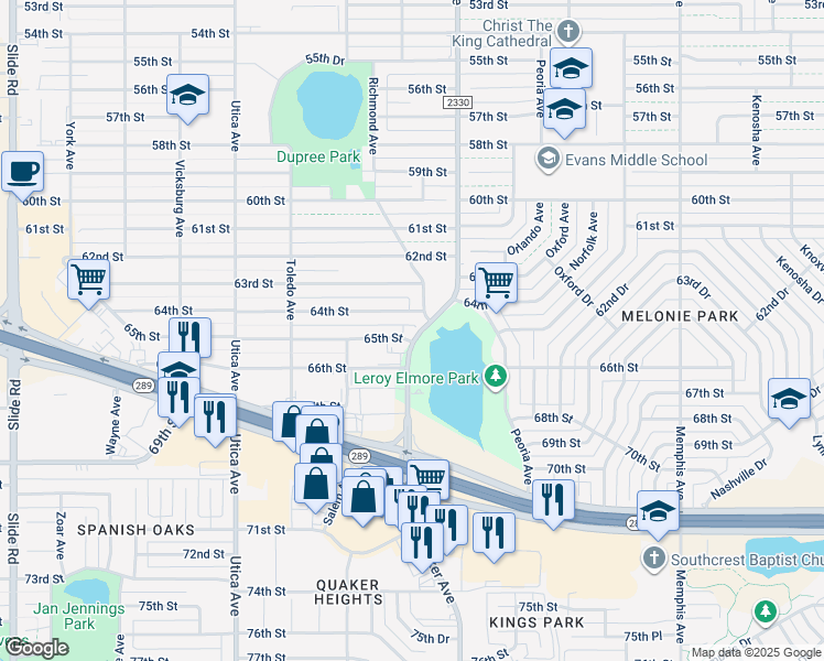 map of restaurants, bars, coffee shops, grocery stores, and more near 6400 Quaker Avenue in Lubbock