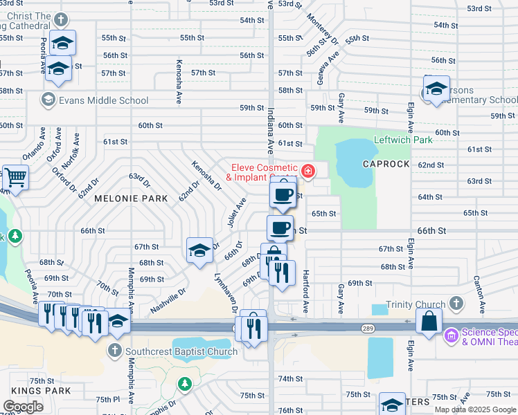map of restaurants, bars, coffee shops, grocery stores, and more near 3410 65th Drive in Lubbock