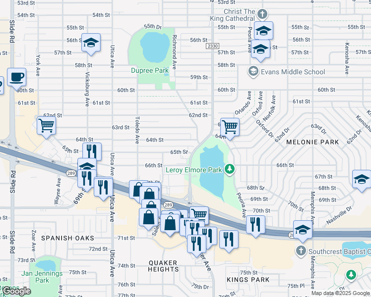 map of restaurants, bars, coffee shops, grocery stores, and more near 6400 Quaker Avenue in Lubbock