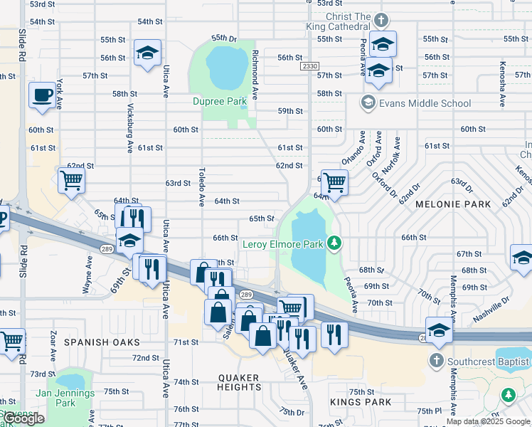 map of restaurants, bars, coffee shops, grocery stores, and more near 6400 Quaker Avenue in Lubbock