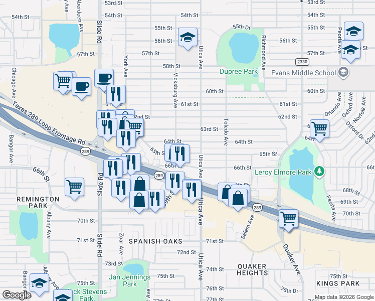 map of restaurants, bars, coffee shops, grocery stores, and more near 4808 65th Street in Lubbock