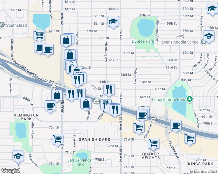 map of restaurants, bars, coffee shops, grocery stores, and more near 4902 65th St in Lubbock