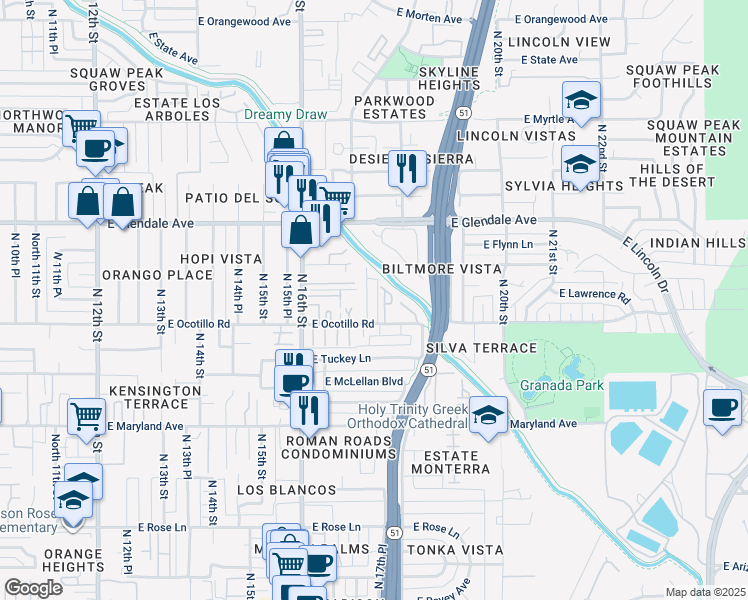 map of restaurants, bars, coffee shops, grocery stores, and more near 6701 North Ocotilla Drive in Phoenix