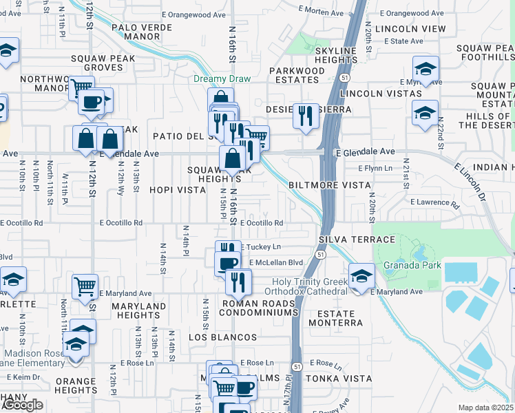 map of restaurants, bars, coffee shops, grocery stores, and more near 6733 North 16th Street in Phoenix