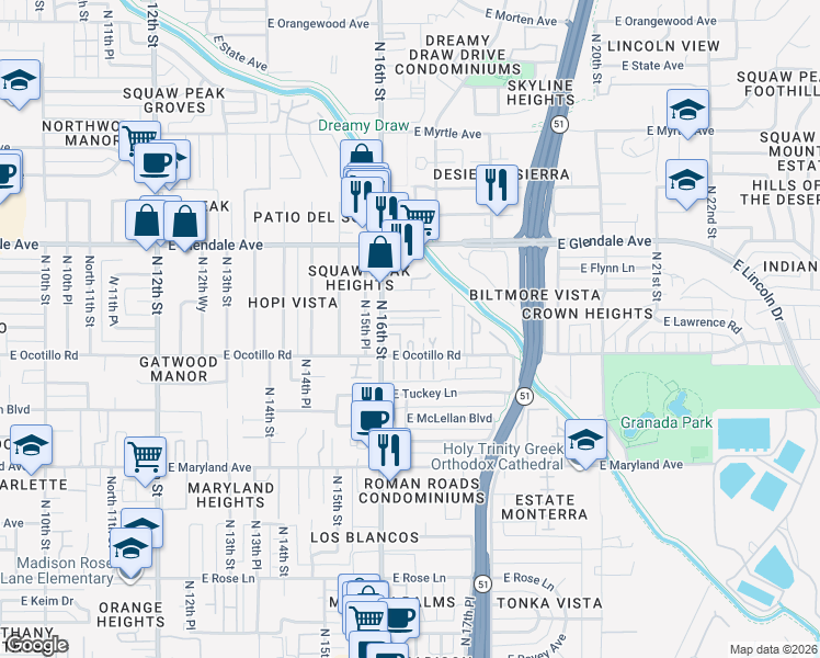 map of restaurants, bars, coffee shops, grocery stores, and more near 6729 North 16th Street in Phoenix