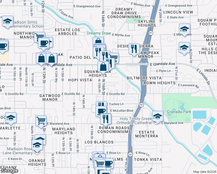 map of restaurants, bars, coffee shops, grocery stores, and more near 6729 North 16th Street in Phoenix