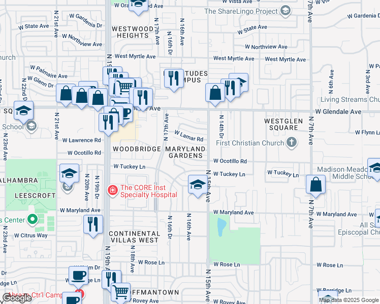 map of restaurants, bars, coffee shops, grocery stores, and more near 1515 West Lawrence Road in Phoenix