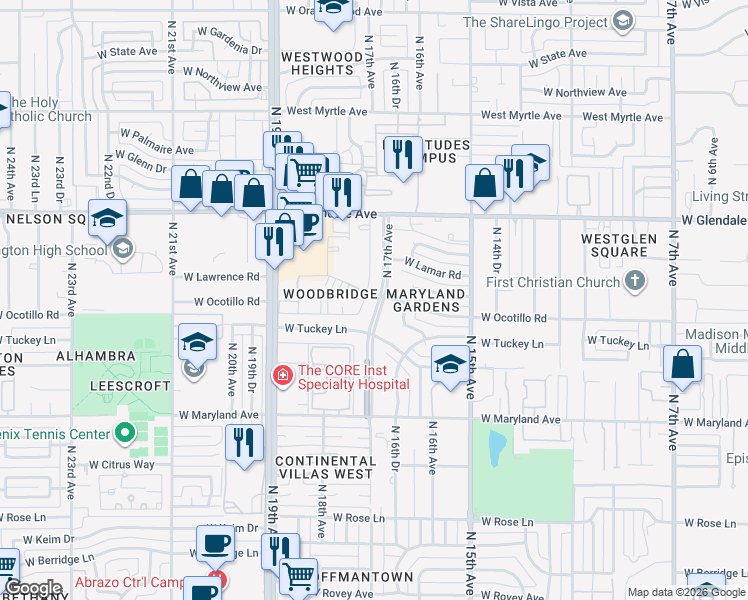 map of restaurants, bars, coffee shops, grocery stores, and more near 6625 North 17th Avenue in Phoenix