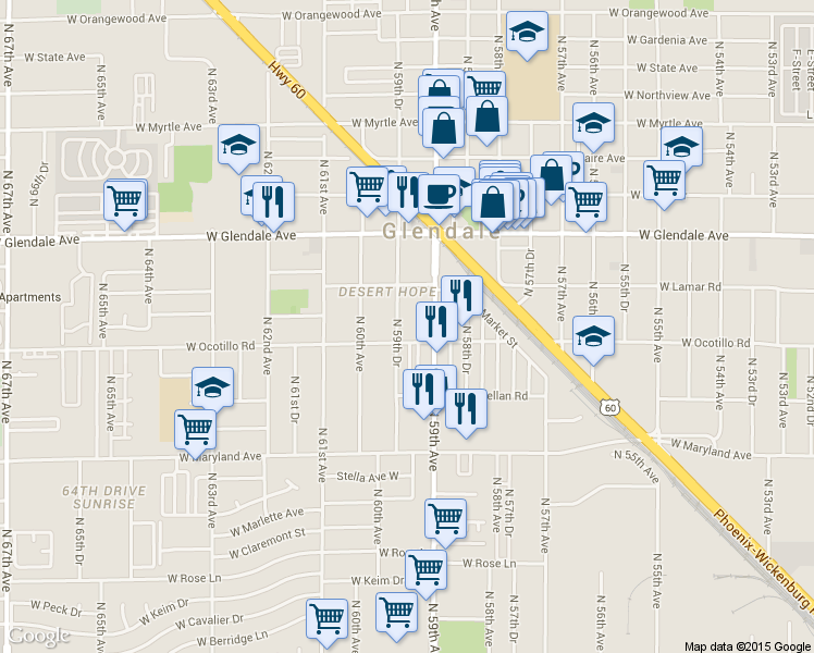 map of restaurants, bars, coffee shops, grocery stores, and more near 6714 North 59th Drive in Glendale