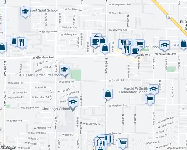 map of restaurants, bars, coffee shops, grocery stores, and more near 6802 North 67th Avenue in Glendale