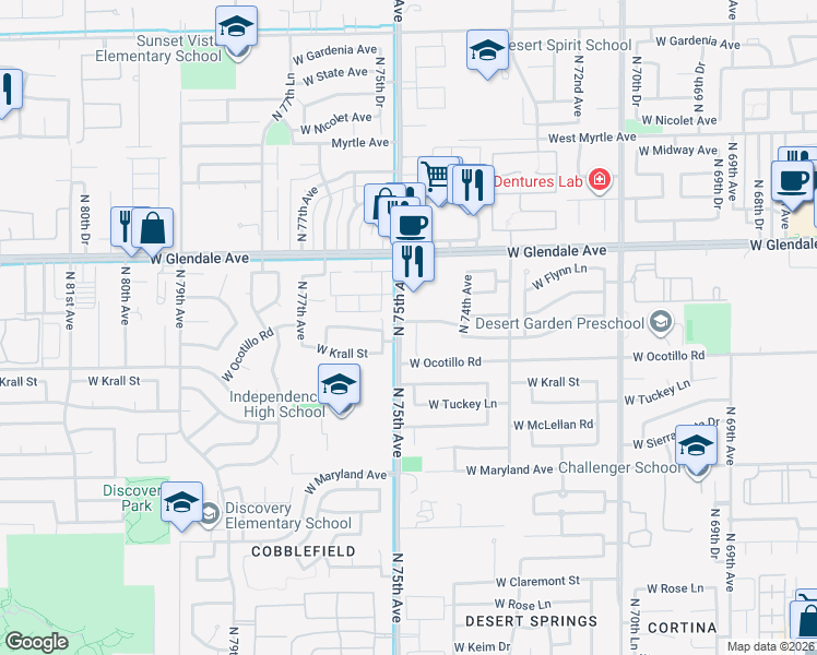 map of restaurants, bars, coffee shops, grocery stores, and more near 7445 West Fleetwood Lane in Glendale