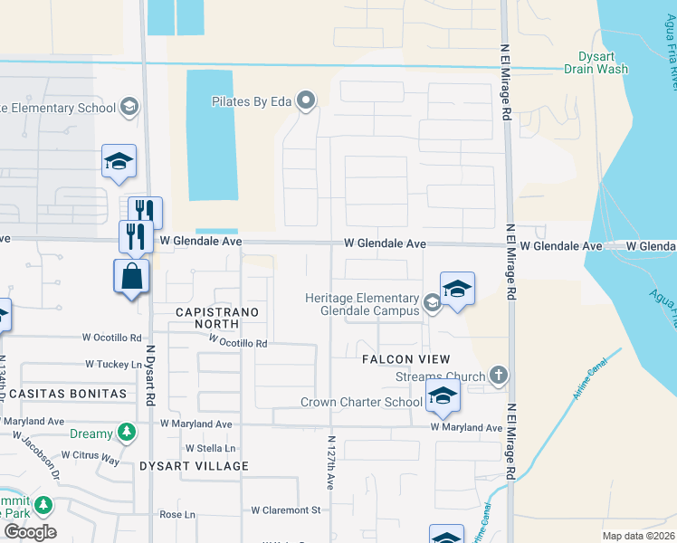 map of restaurants, bars, coffee shops, grocery stores, and more near North 127th Avenue in Glendale