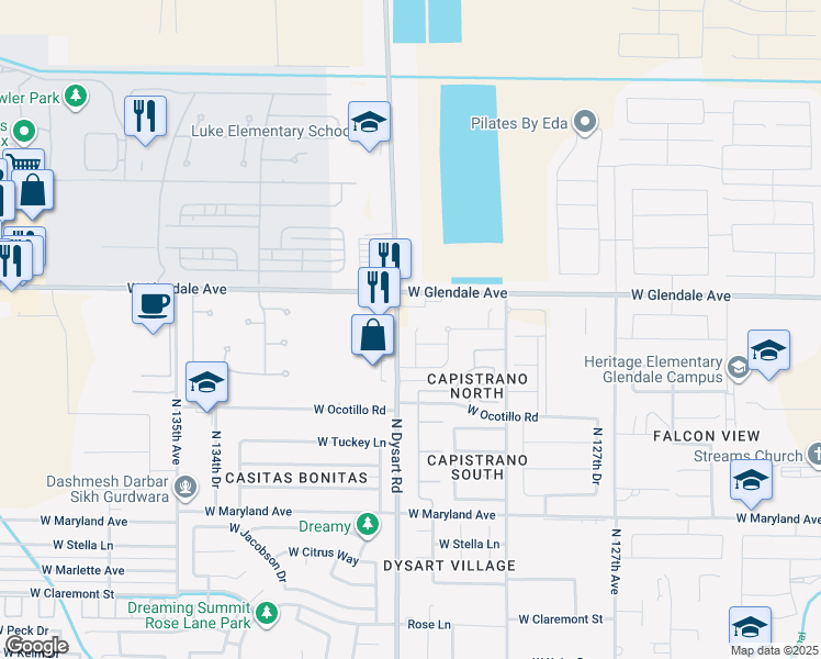 map of restaurants, bars, coffee shops, grocery stores, and more near 6910 North 130th Lane in Glendale