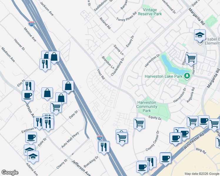 map of restaurants, bars, coffee shops, grocery stores, and more near 27533 Lock Haven Court in Temecula