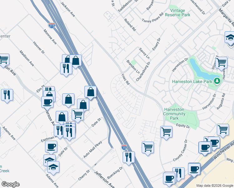 map of restaurants, bars, coffee shops, grocery stores, and more near Temecula Valley Fwy in Temecula