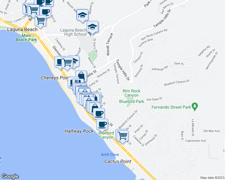 map of restaurants, bars, coffee shops, grocery stores, and more near 1215 Brangwyn Way in Laguna Beach